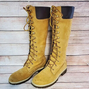 Timberland Women's 7 M Tan Nubuck Leather Waterproof 14" Knee High Lace Up Boots